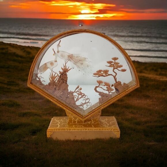 Asian Cork Peacocks Diorama Shadow Box Sculpture Hand Carved Gold Tone Frame Vtg - Picture 12 of 16